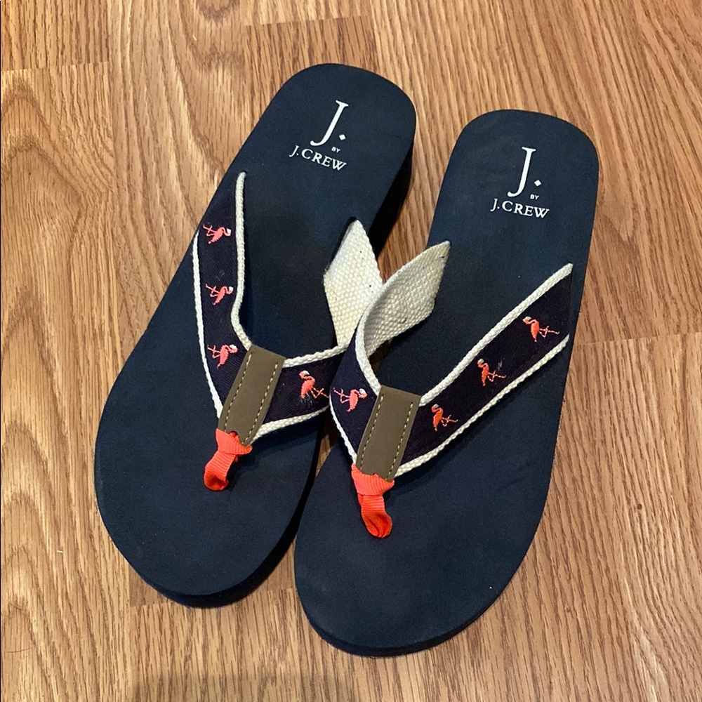 J. Crew Navy and Coral Flamingo Sandals